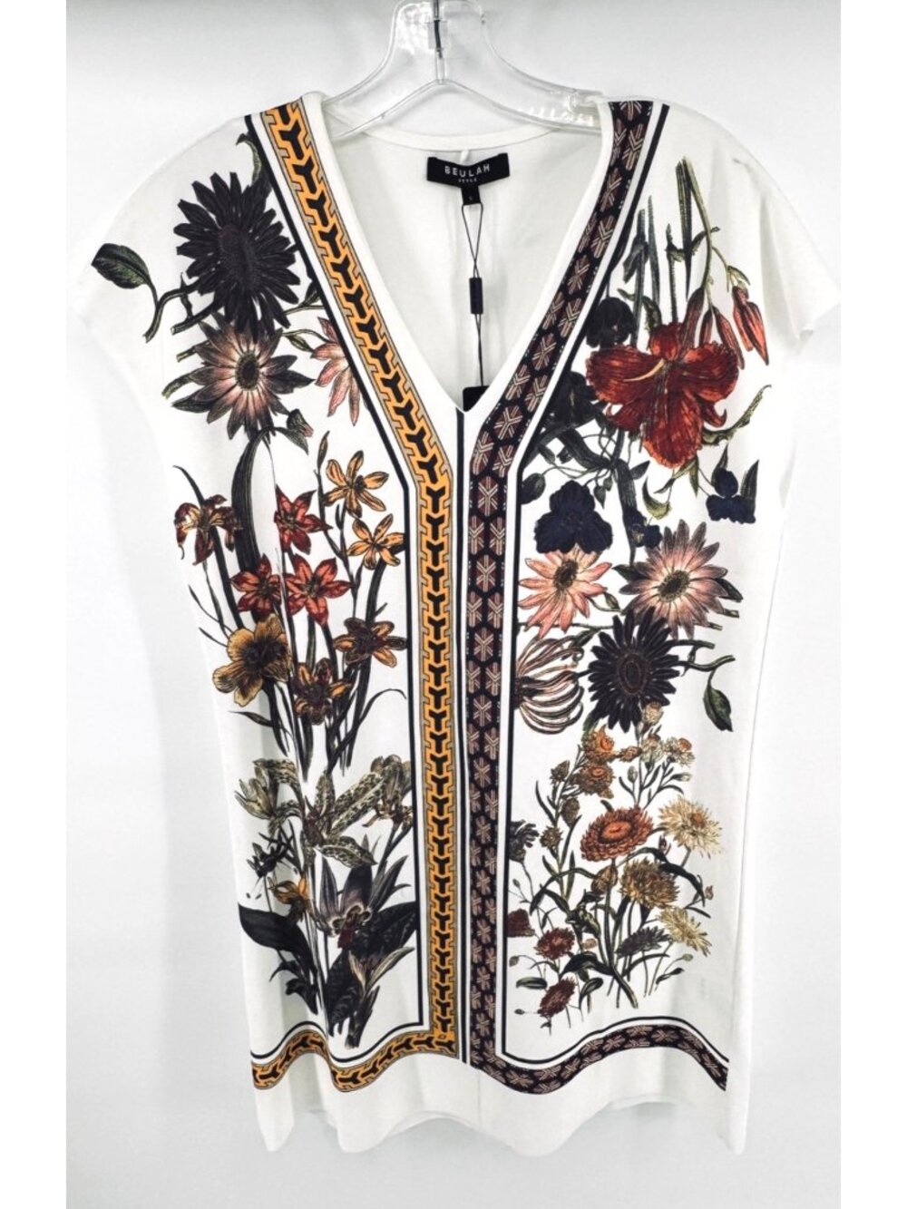Beulah Style Floral Boho Dress Large 100% Cotton White Multi Print V-Neck